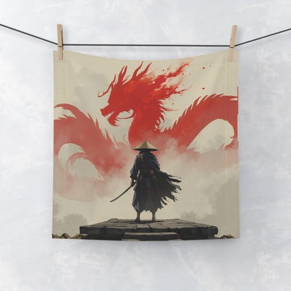 Samurai & Red Dragon Face Towel — Asian Warrior Hooded Print