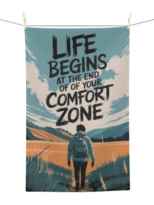 Adventure Tea Towel — "Life Begins at the End of Your Comfort Zone" Motivational Kitchen Towel